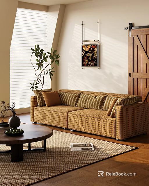 Cozy Living Room With Plaid Sectional Sofa Round Coffee Table Decorative Plants And Wall Art 3d model 