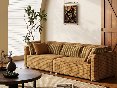 Cozy Living Room With Plaid Sectional Sofa Round Coffee Table Decorative Plants And Wall Art 3d model