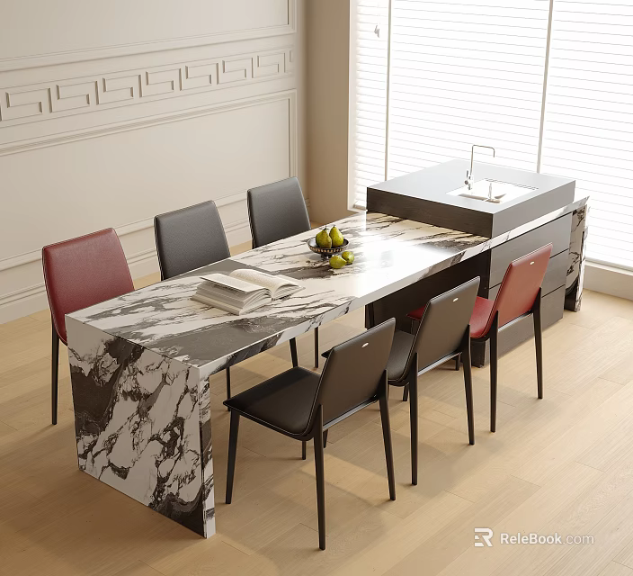 Modern Dining Table and Chairs Set with Marble Top Red Black Chairs and Sink Island 3d model 