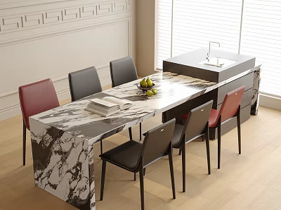 Modern Dining Table and Chairs Set with Marble Top Red Black Chairs and Sink Island 3d model