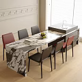Modern Dining Table and Chairs Set with Marble Top Red Black Chairs and Sink Island