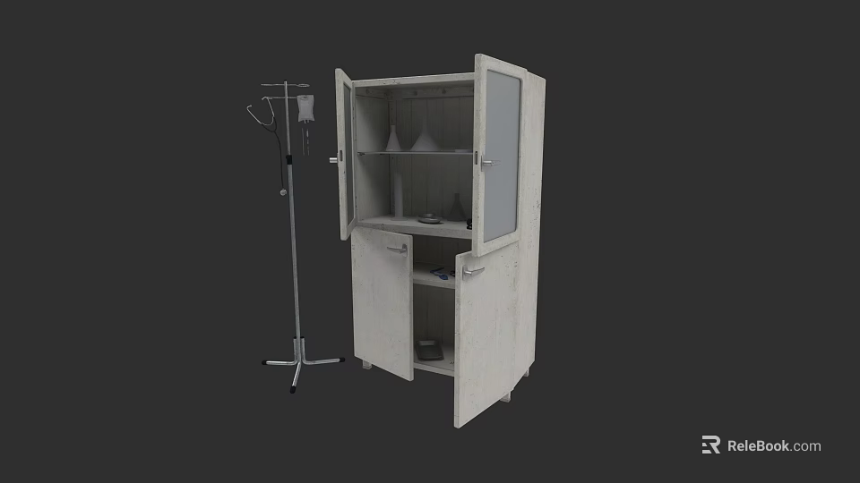 Clinic Examination Room With Open Cabinet And IV Stand Medical Equipment Supplies 3d model 