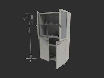 Clinic Examination Room With Open Cabinet And IV Stand Medical Equipment Supplies 3d model
