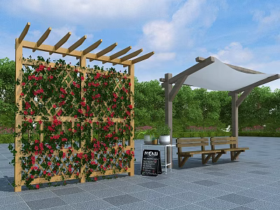 Wooden Pergola Covered In Red Climbing Flowers With Shade Canopy Benches And Blackboard Sign 3d model