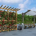 Wooden Pergola Covered In Red Climbing Flowers With Shade Canopy Benches And Blackboard Sign