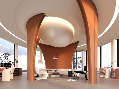 Elegant Modern Leisure Area Interior With Curved Structures And Round Lighting Fixtures 3d model