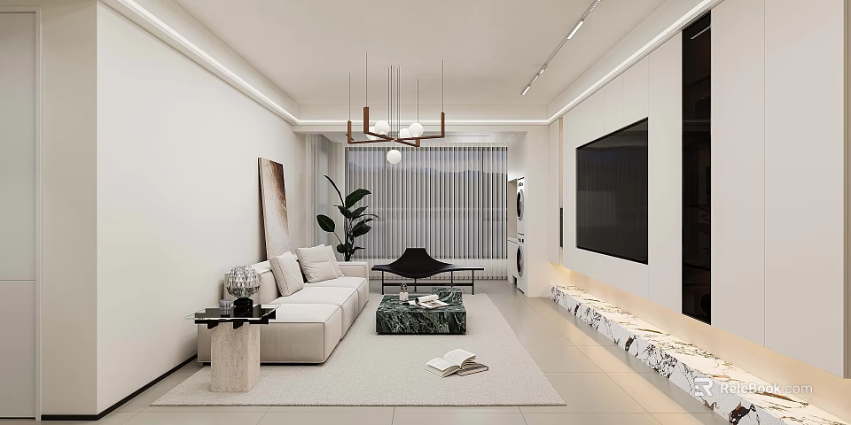 Bright Modern Minimalist Living Dining Room With Cozy Sofa Marble Details And Soft Ambient Lighting 3d model 