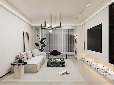 Bright Modern Minimalist Living Dining Room With Cozy Sofa Marble Details And Soft Ambient Lighting 3d model