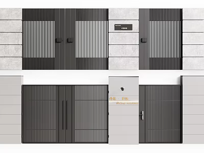 Modern Entrance Gate Design With Vertical Slats Black Finish And Stone Wall 3d model