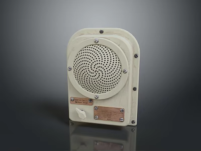 White Desktop Computer Speaker With Circular Mesh Grille And Metal Plate Button Design 3d model
