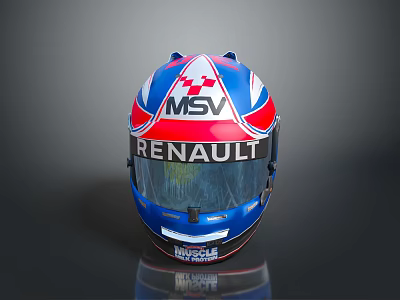 Racing Helmet With MSV And Renault Logos In Blue Red White Colors 3d model