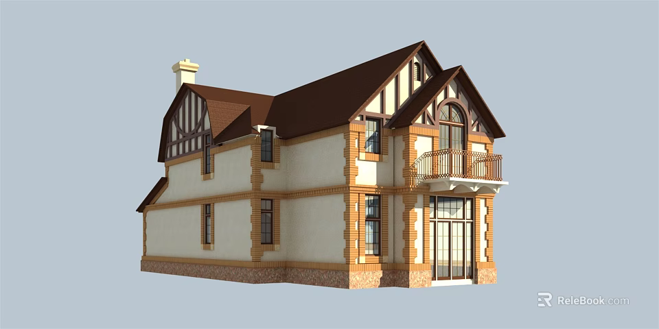 Two Story Detached Villa With Brown Roof Cream Walls Wooden Trim And Balcony 3d model 