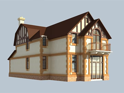 Two Story Detached Villa With Brown Roof Cream Walls Wooden Trim And Balcony 3d model
