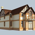 Two Story Detached Villa With Brown Roof Cream Walls Wooden Trim And Balcony