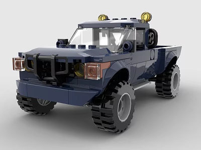 Blue Off-Road Truck Made With Building Blocks Featuring Large Tires And Headlights 3d model