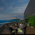 Scenic Balcony With Wooden Floor Rattan Chairs Tables Large Glass Windows Lake Mountain Views Umbrellas