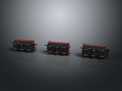 Three Red And Black Train Models With Detailed Design On Gray Background 3d model