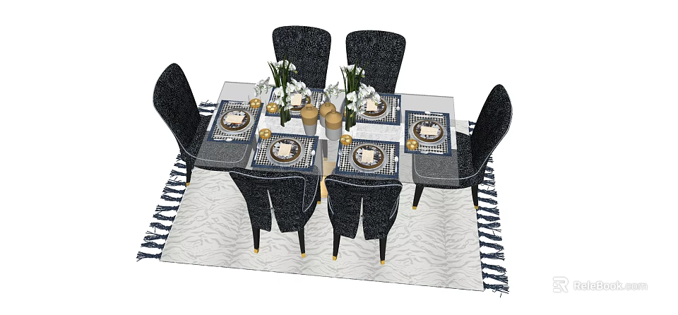 Modern Dining Table Set with Black Chairs Tableware and Flower Vases on Zebra Rug 3d model 