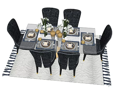 Modern Dining Table Set with Black Chairs Tableware and Flower Vases on Zebra Rug 3d model