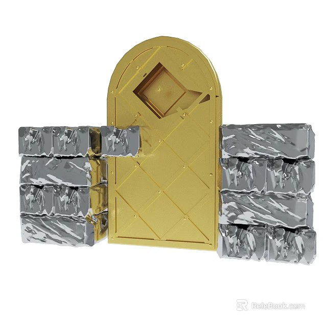 Golden Arched Decorative Doorway Framed By Silver Stone Block Walls 3d model 