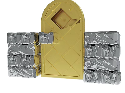 Golden Arched Decorative Doorway Framed By Silver Stone Block Walls 3d model