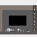 Modern TV Background Wall Design With Gray Panels Wooden Grille Decorative Shelf And Ornaments