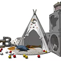 Kids' White Tipi Tent with Star Patterns Surrounded by Colorful Balls Building Blocks and Books