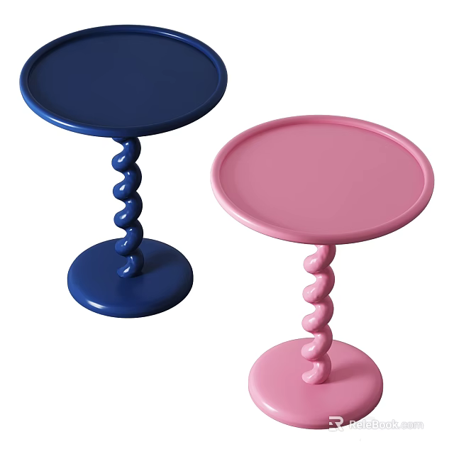 Stylish Blue and Pink Side Tables with Round Top and Spiral Legs Design 3d model 