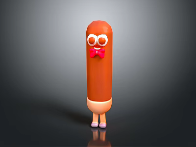 Cartoon Sausage Character Featuring Big Eyes Red Bow Tie Light Legs And Purple Shoes 3d model
