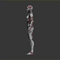 Female Humanoid Robot With Silver Red Metallic Texture In Standing Pose On Gray Gradient Background