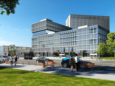 Modern Multi Storey Office Building With Glass Curtain Wall Urban Greenery And Pedestrians 3d model