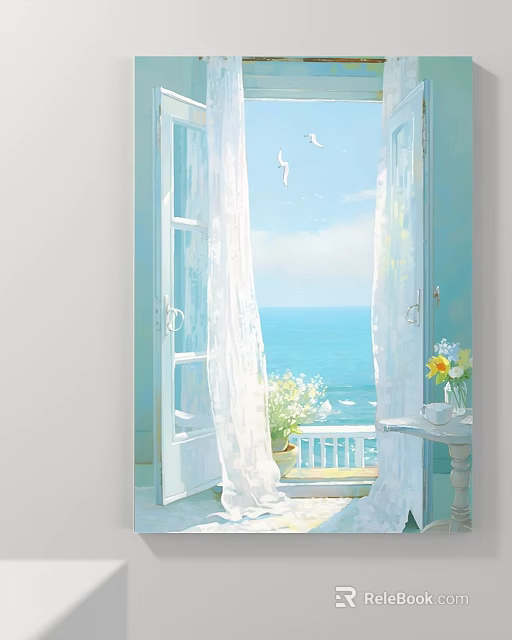 Abstract Painting of Open Windows White Curtains Blue Sea Sky Seagulls Flowers and Potted Plant 3d model 