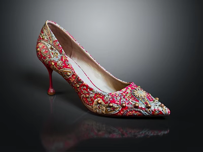 Luxurious Red Gold Embroidered High Heels with Pointed Toe and Stiletto Heel 3d model