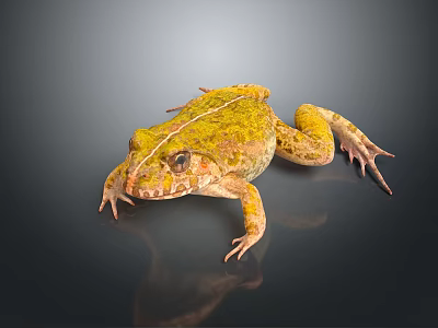 Detailed Yellow Green Reptile With Mossy Patterns On Black Reflective Surface 3d model