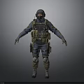 Tactical Operative In Blue Uniform With Helmet Protective Gear And Backpack