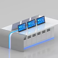 Modern Conference Room Interior With Three Screen Console And White Countertop Blue Lighting