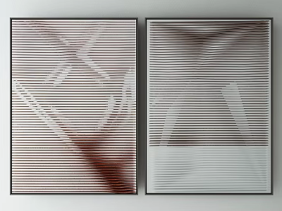 Abstract Striped Wall Art With Brown And White Patterns In Black Frames 3d model