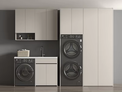Gray walls with white cabinets washing machine dryer and white cabinet with sink laundry basket 3d model