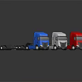 Three Red White Blue Flatbed Trucks With Long Trailers For Transport