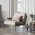 Elegant Single Sofa In Modern Living Interior With Side Table Potted Plant Artwork And Curtains