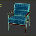 Comfortable Blue Upholstered Chair With Red Wooden Arms Backrest And Legs