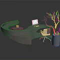 Modern Curved Reception Desk With Laptop Chair And Decorative Plant On Reflective Floor