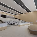 Bright Modern Spacious Conference Room With Tiered Seats Stage And Elegant Wooden Interior Design