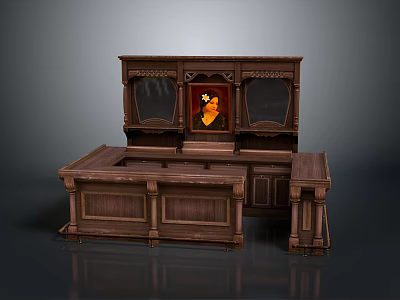 Vintage Wooden Bar Counter Design With Display Cabinets And Glass Doors 3d model