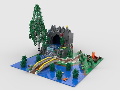 Lego toy building blocks water curtain cave mountain scene pool small bridge river plant tree forest 3d model