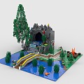 Lego toy building blocks water curtain cave mountain scene pool small bridge river plant tree forest 3d model