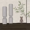 Modern Floor Lamps with White Pleated Shades and Wooden Bases in Interior with Decorative Figurine