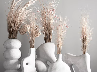 White Ceramic Vases With Various Shapes Holding Dried Pampas Grass And Pink Blossoms 3d model