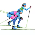 Two People Skiing In Colorful Ski Suits With Poles And Skis