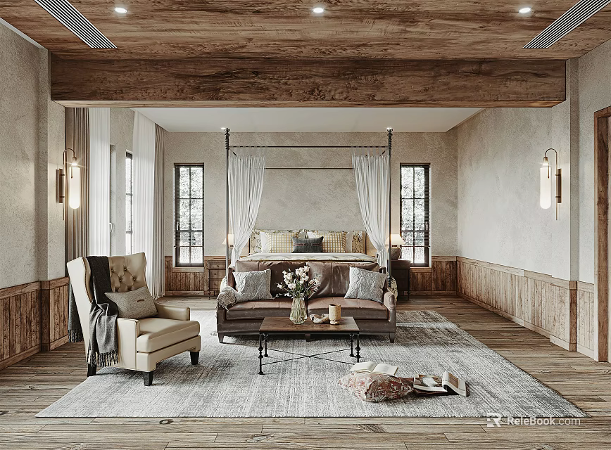Rustic Bedroom Interior Featuring Four Poster Bed Wooden Ceiling Area Rug Accent Chair And Windows 3d model 